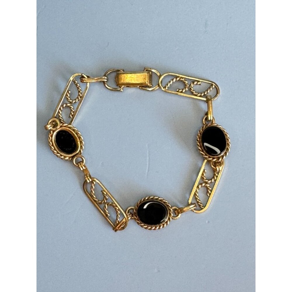 Vintage Van Dell 14K GF Yellow Gold Filigree Jet Black Onyx Link Bracelet 7 1/2" - Picture 2 of 5